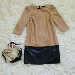 Zara Black & Tan Faux Leather 3/4 Sleeve Dress